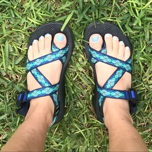 Blue and teal chacos